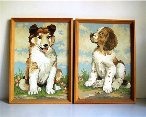 Vintage Paint By Numbers Paintings Dogs Collie Spaniel Puppy Pair