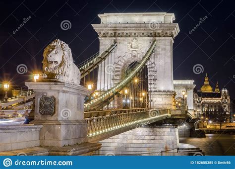 Night View Of The Szechenyi Chain Bridge Budapest Hungary Editorial