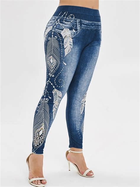 47 OFF Plus Size High Waist 3D Jeans Print Leggings Rosegal