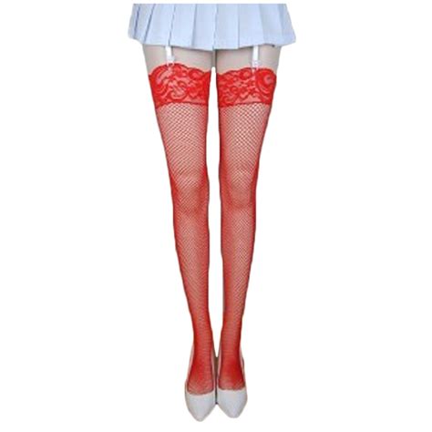 Red Fishnet Thigh High Stockings With Lace Top 8034 Private Island Party