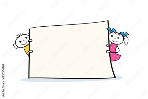 Cartoon Boy And Girl Characters Holding Placard In Hands Banner Sign