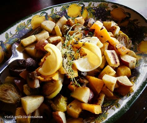Roast winter vegetables and serve them with a wonderful smoky mayonnaise for a tasty side dish. Holiday Roasted Vegetables - go2kitchens