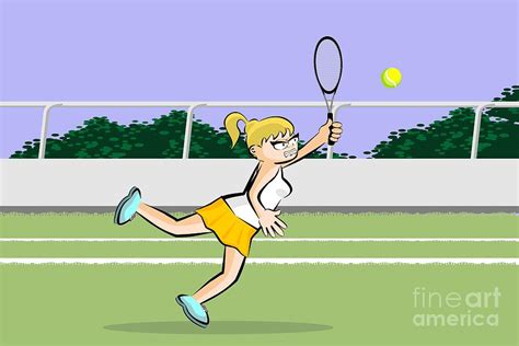 Girl Tennis Player Jumps To Hit The Ball With Her Racket Digital Art By