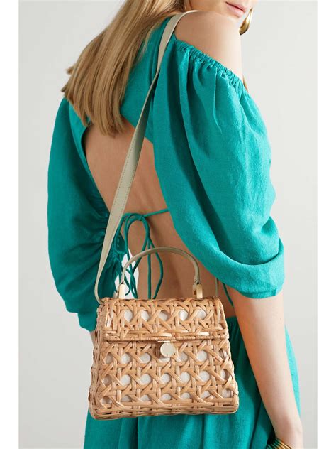 CULT GAIA Sybil leather-trimmed rattan and canvas shoulder bag | NET-A