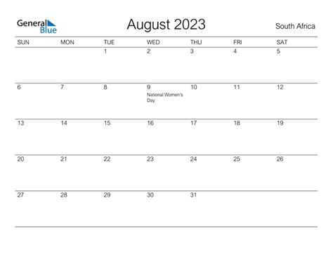 August 2023 Calendar With South Africa Holidays