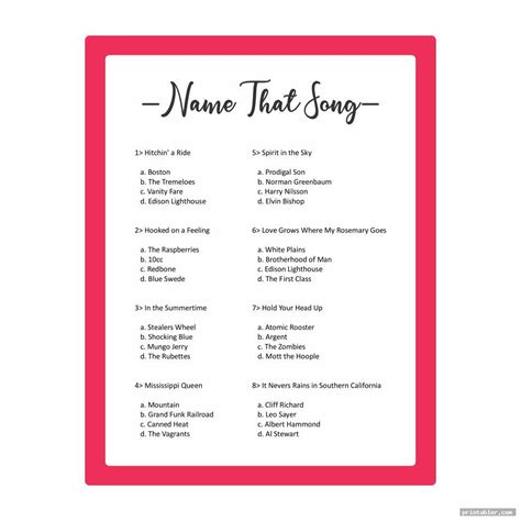 Name That Song Games Printable