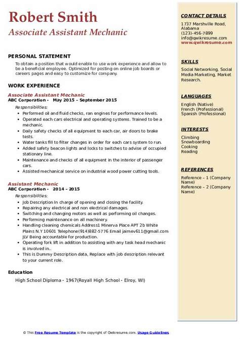 Assistant Mechanic Resume Samples Qwikresume