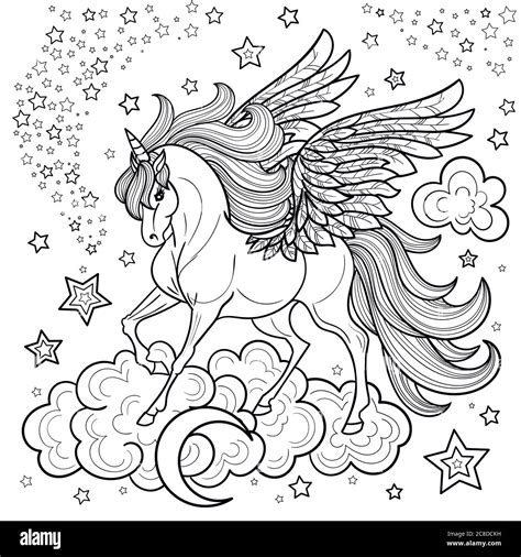 A Beautiful Unicorn Among Stars And Clouds Black And White For