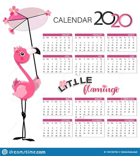 Calendar 2020 Pink Flamingo Little Flamingo With An Umbrella From The Sun Stock Vector