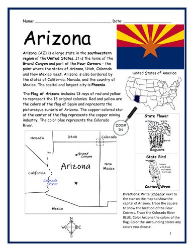 Arizona Introductory Geography Worksheet With Map And Flag Teaching