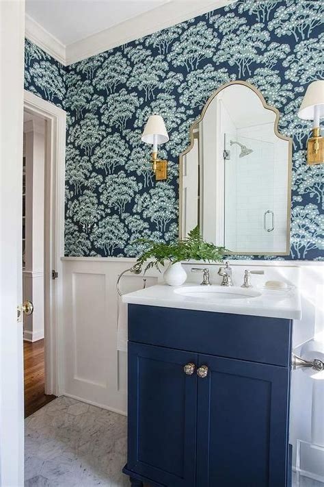 Farrow And Ball Hornbeam Wallpaper With Blue Washstand Transitional