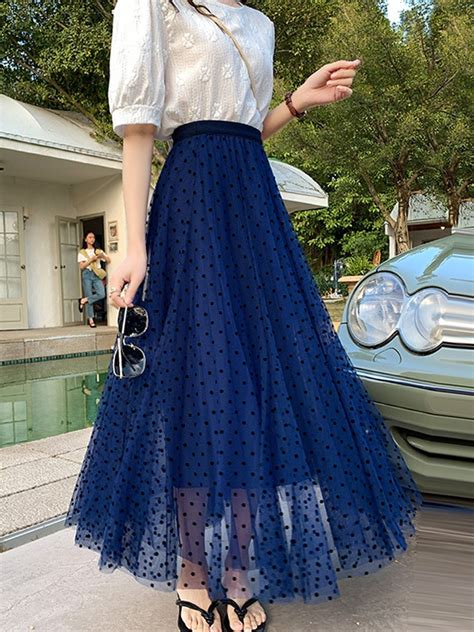 TIGENA Elegant Polka Dot Print Tulle Long Skirt For Women 2023 Spring