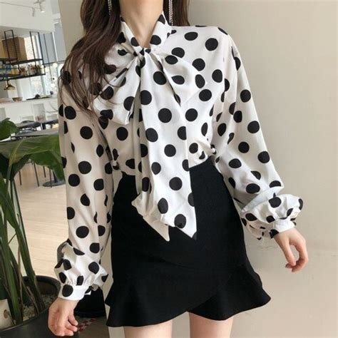 shirts women spring 2019 korean fashion vintage polka dot bow collar lantern sleeve chiffon