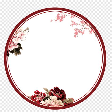 Red Flowers Illustration Chinoiserie Circular Border Angle Flower