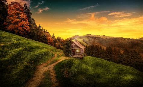 Photography Nature Landscape Cottage Mountains Path Forest Grass