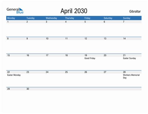 Editable April 2030 Calendar With Gibraltar Holidays