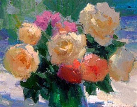 Berberian Ovanes Roses In Green Vase Floral Painting Abstract