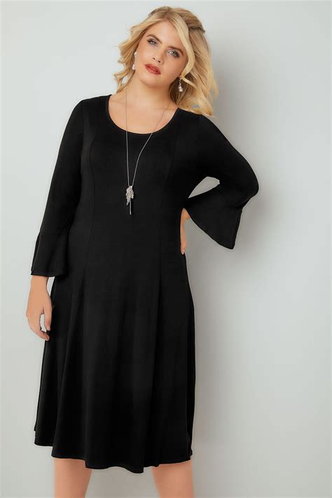 Black Fit And Flare Jersey Dress With Flute Sleeves Plus Size 16 To 36
