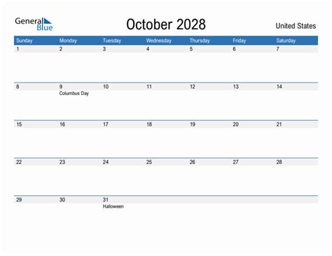 October 2028 Monthly Calendar With United States Holidays
