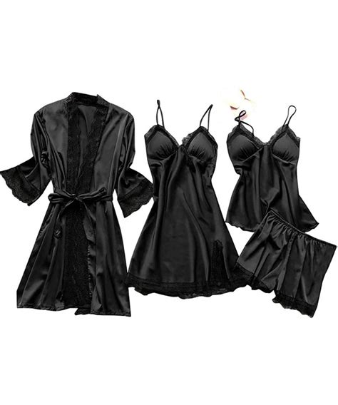 Sexy Pajamas Set For Women Silky Sleepwear Sets Silk Satins Lace Strap Nightdress Robe Shorts