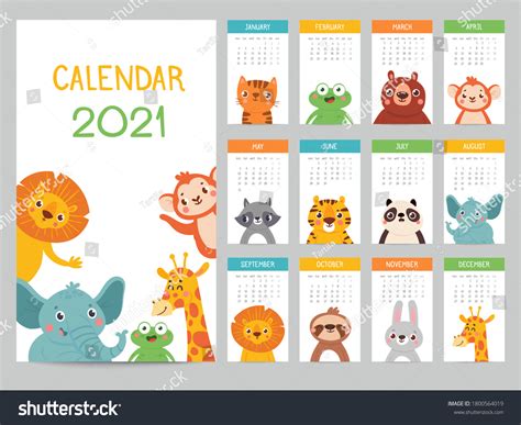 Animals Calendar 2021 Cute Monthly Calendar Stock Vector Royalty Free