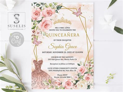 Editable Quinceanera Invitation Back Template Blush Pink Flowers