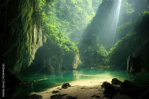 3d Rendering Of Exotic Cave Ecosystem With Fresh Water And Vegetation