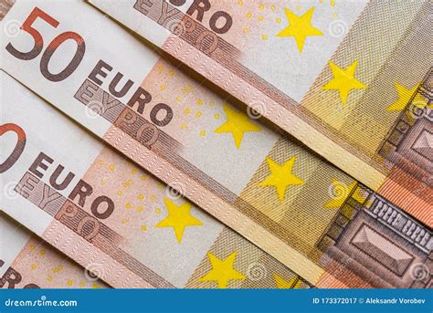 Close Up Of Euro Eu European Union Currency Bills Of 50 Euros Stock