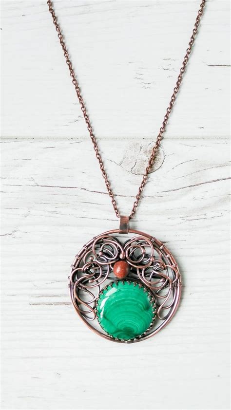 Malachite Necklace For Women Circle Copper Pendant Etsy Malachite