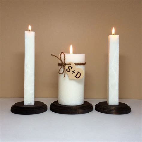 Personalized Rustic Unity Candle Set And Stand For Wedding Ceremony