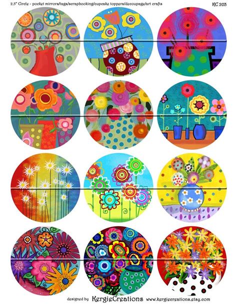 Whimsical Flowers Digital Collage Sheet 25 Inch Round Images Etsy