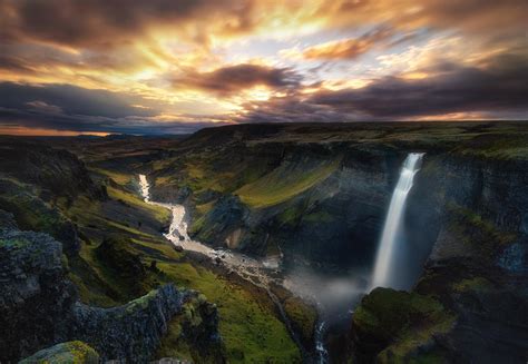 Off The Beaten Path Icelandic Waterfall Shot During An Epic Sunset