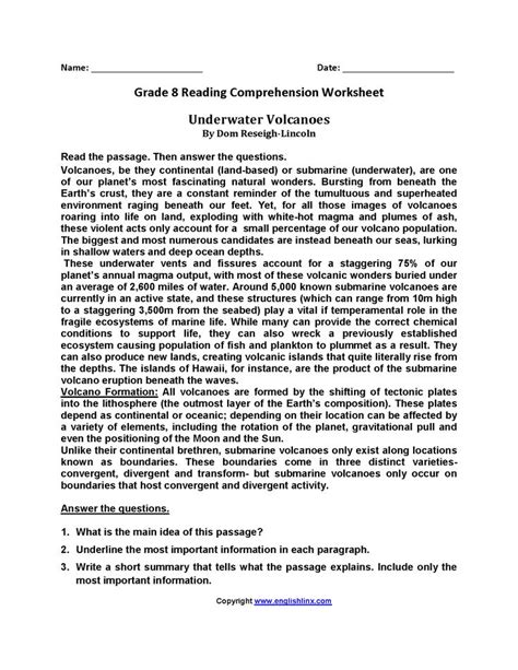 Eighth Grade Reading Worksheets Reading Comprehension Worksheets