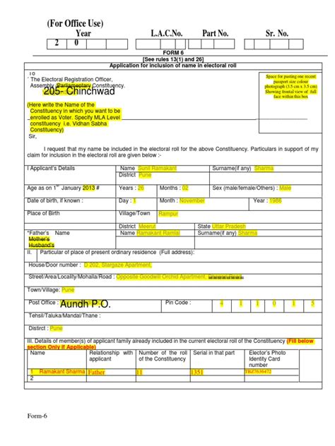 Sample Filled Form 6 For New Voters Identity Document Social