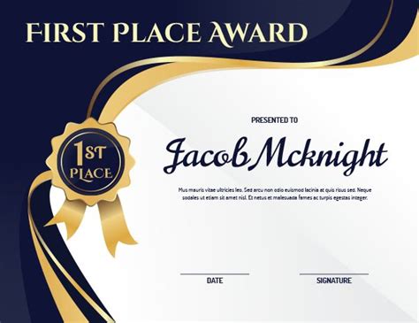 11 First Place Award Certificate Template Certificate Templates