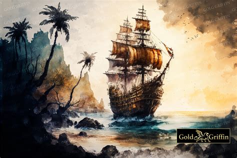 Wall Art Pirate Ship Watercolor Sailing Ship Canvas Painting Etsy