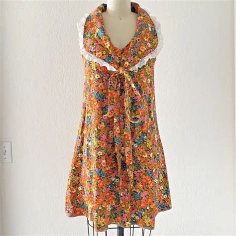 Vintage 60s 70s Mod Psychedelic Floral Neon Sleeveless Mini Dress Small