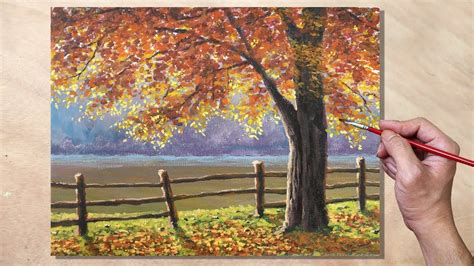 Acrylic Painting Sunlit Autumn Tree Landscape Autumn Painting Autumn