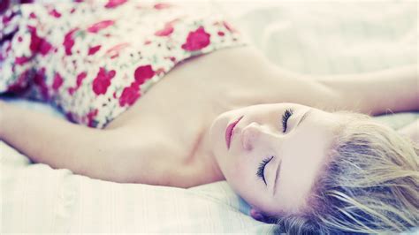 Wallpaper Face Women Model Blonde Closed Eyes In Bed Sleeping Dress Blue Lying On