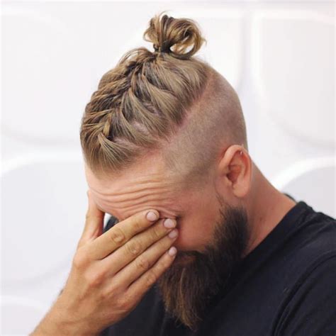 men long hairstyles with beards,men braided bun with beard,men bun with