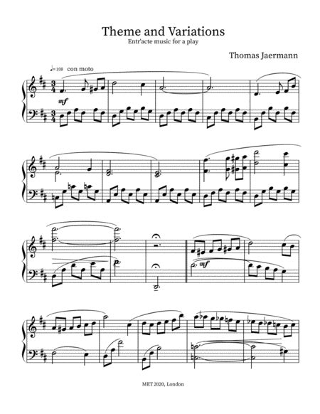 Theme And Variations Sheet Music Thomas Jaermann Piano Solo