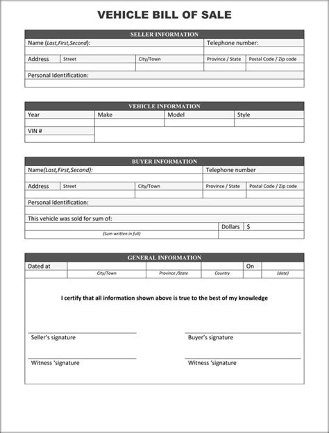 Vehicle Bill Of Sale Form Free Printable Documents
