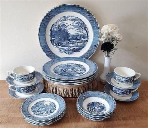 Vintage Currier And Ives Blue Dinnerware Set 24 Piece Set For 4 Etsy