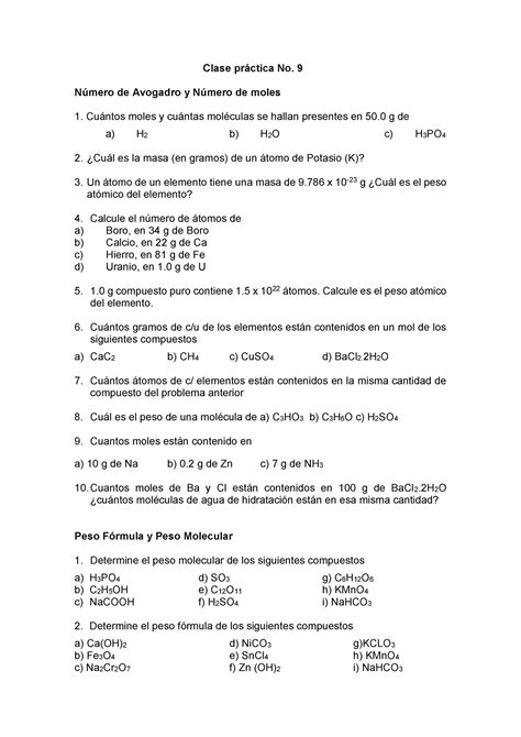 Clase Práctica 9 9 Número De Avogadro Y Número De Moles Cuántos Moles