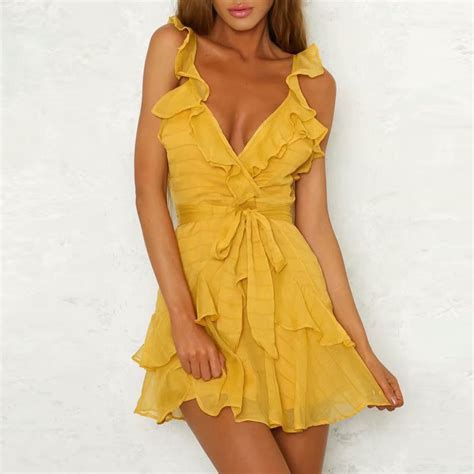 Yellow Ruffles Women Mini Dress 2018 Summer Beach Sexy V Neck Backless