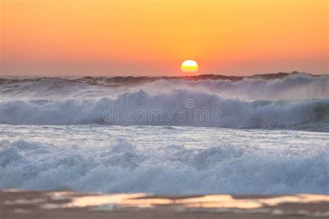 Panorama Of Ocean Waves And Setting Sun Florida Usa Stock Image