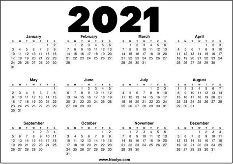 2021 calendar styles and templates. 2021 Year Printable Calendar Red, Black and White - Noolyo.com