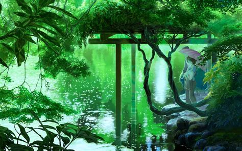 Anime Lake Trees Umbrella Green Wallpapers Hd Desktop And Mobile