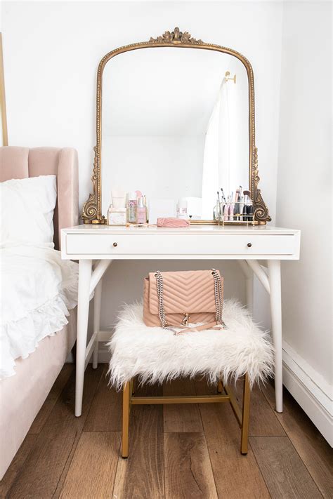 Makeup vanity for small spaces. Small Space Vanity Inspiration | Blush, gold bedroom, Gold bedroom, Room decor