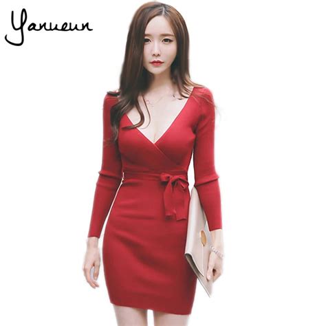 Yanueun Korean Fashion Womens Long Sleeve Stretchy Sexy Knitted Bodycon Dress 2017 Women Deep V